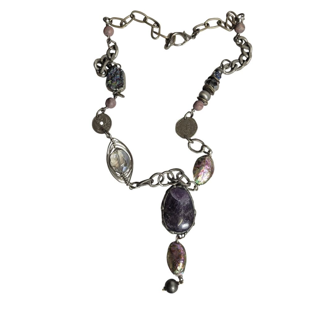 Ladies Multicolor Chunky Stones and Coins Long Statement Necklace